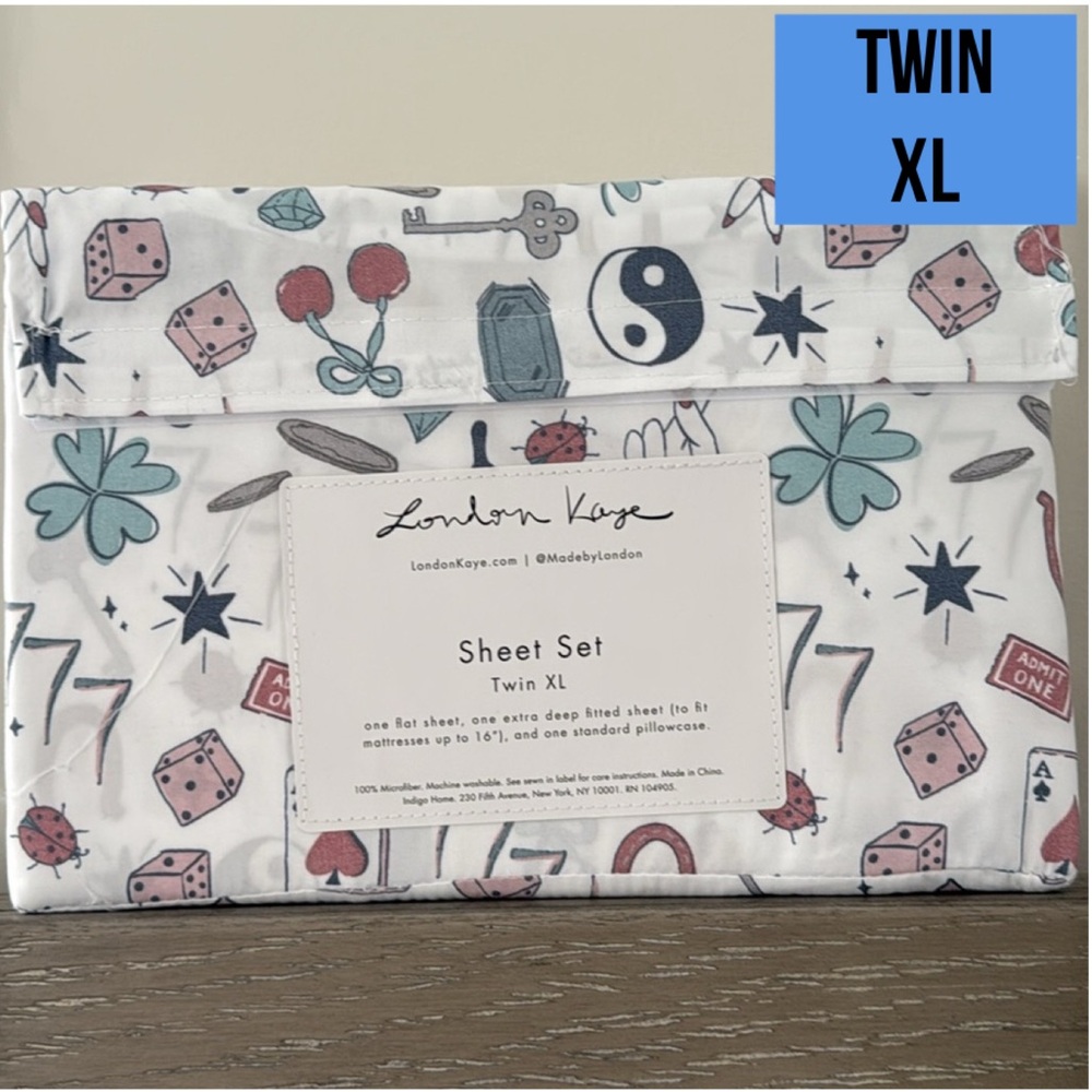 LONDON KAYE Twin XL Sheet Set dice lucky cards NEW